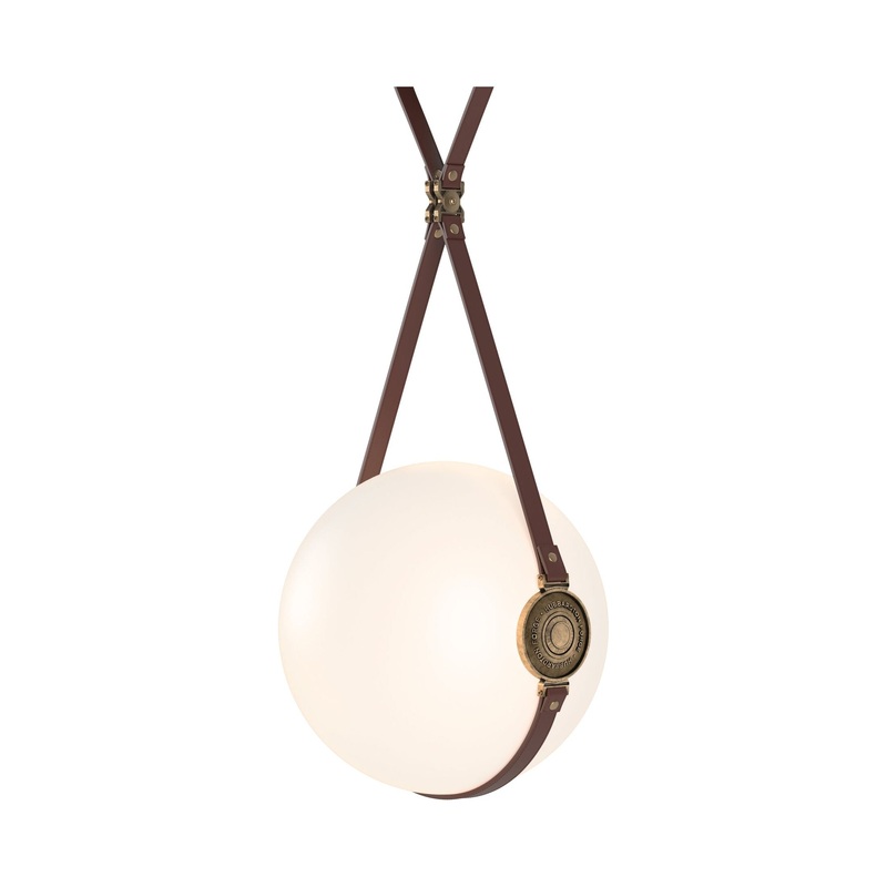 Derby Large LED Pendant Black Antique Brass with British Brown Leather Hubbardton Forge Branded Plate
