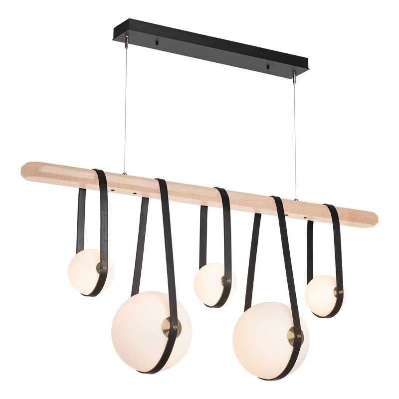 Derby Linear 5-Light LED Pendant Black Polished Nickel with Black Leather Maple Wood