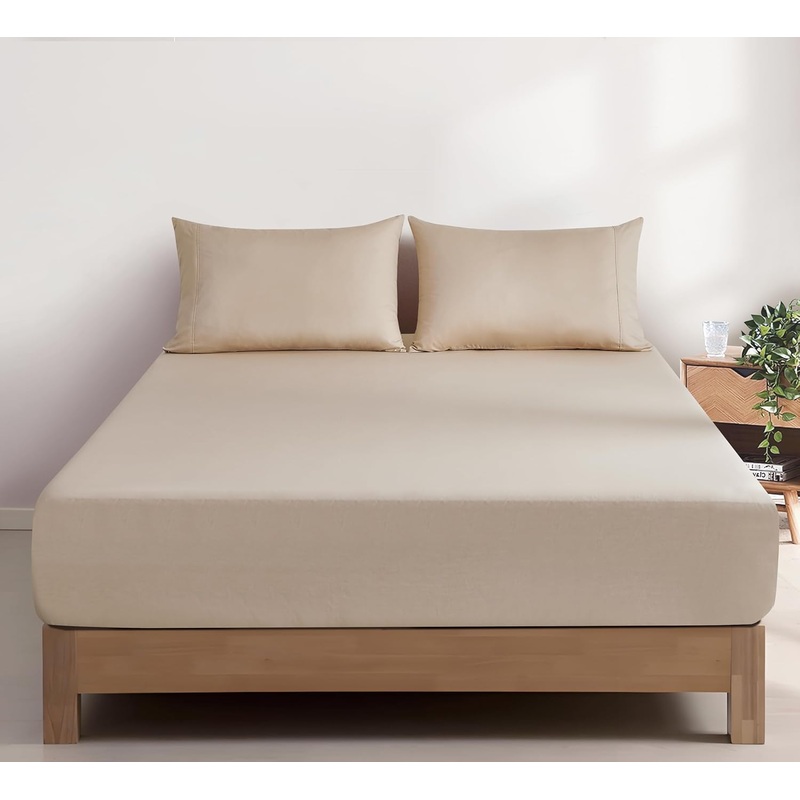 100% Vintage Washed Cotton Fitted Sheet Combo Set  100% Natural Cotton, Ultra Soft & Breathable  Includes Fitted Sheet & Pillowcases  Machine Washable (Natural, Double)