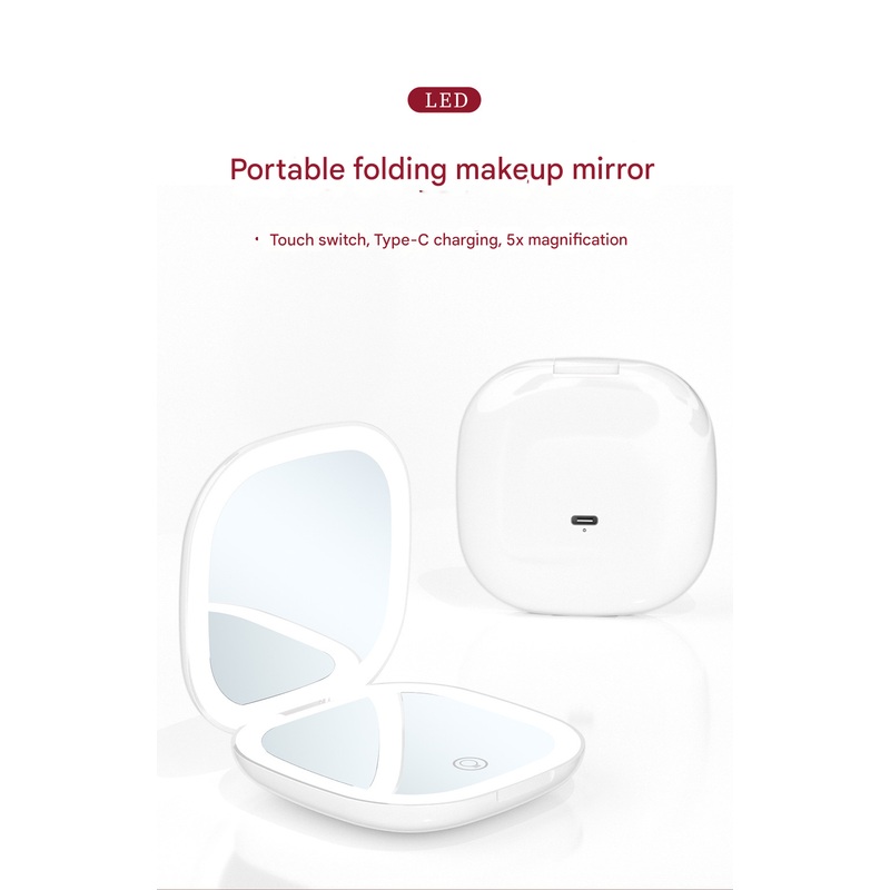 2-piece Pink Portable LED Makeup Mirror – Rechargeable Compact with 3-Color Lights & 5x Magnification