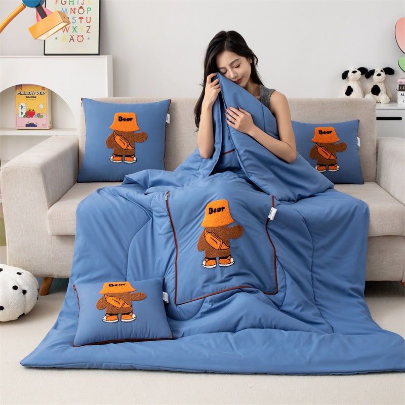 Lake Blue Fashion Bear 2-in-1 Foldable Car Pillow Blanket – Cozy 40x40cm Pillow, Unfolds to 100x150cm Blanket for Travel and Office Naps