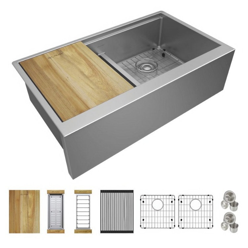 Sink Kit Crosstown Equal Farmhouse 34-7/8 x 20-1/4 Inch 2 Bowl Stainless Steel/Brown Undermount
