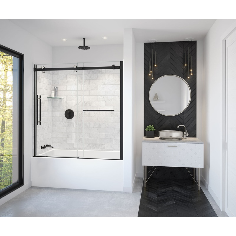 MAAX 138485-900-370-000 Vela 56 -59 x 59 in. 8 mm Sliding Tub Door with Towel Bar for Alcove Installation with Clear glass in Matte Black and Brushed Nickel