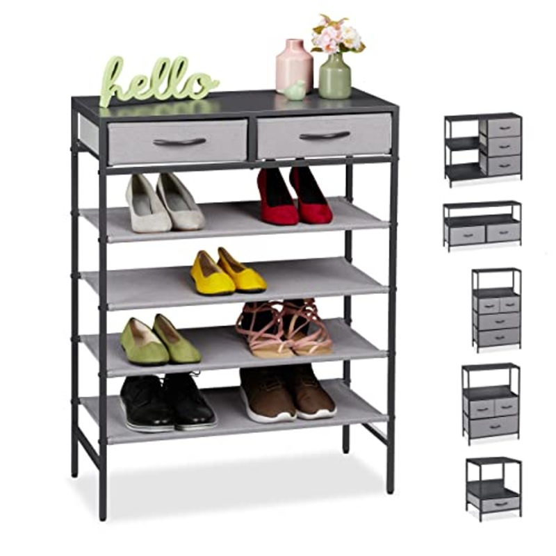 Relaxdays Scarpiera, 2 Cassetti, 4 Ripiani, 12 Paia di Scarpe, Aperto MDF Stoffa Acciaio HLP 95 x 72,5 x 35,5 cm, Grigio, Tessuto, Pannelli, Design