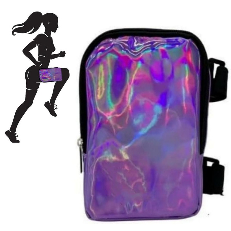 Purple Shiny Holographic Thigh Holster Bag – Hands-Free Festival & Hiking Gear