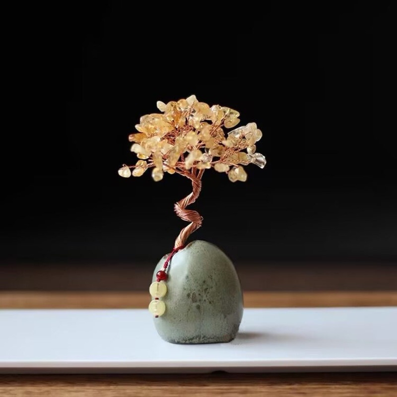 Yellow Crystal Natural Crystal Wealth Tree – 12cm Feng Shui Decor, Elegant Office Desk Ornament