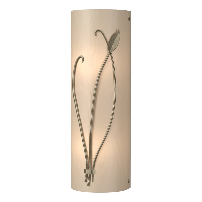 Forged Leaf and Stem Sconce Soft Gold White Art Glass (BB) Left