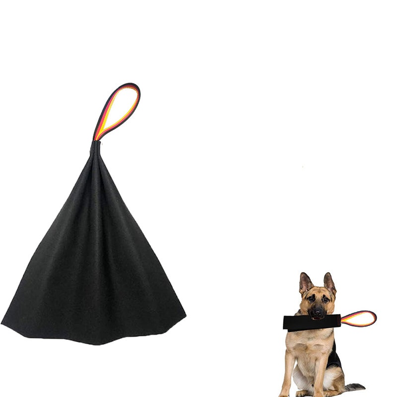 Black Premium Full-Grain Leather Dog Training Tug – Interactive Bite Rag with Strong Loop Handle for Play & Drive Building