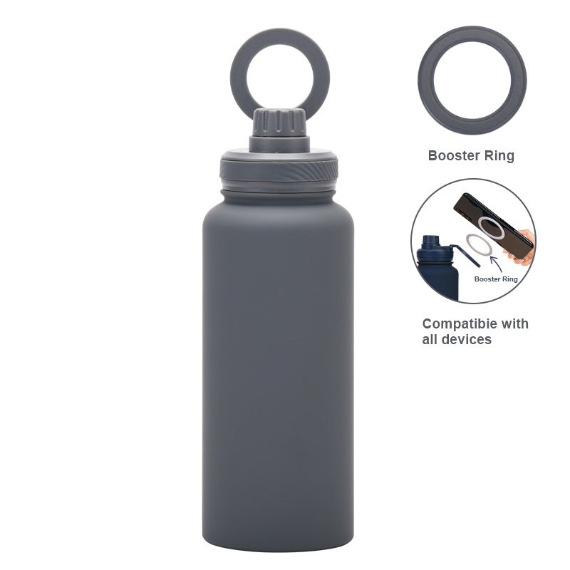 Grey 1L Stainless Steel Water Bottle with Magnetic Phone Holder Lid – Portable Hydration & Hands-Free Stand
