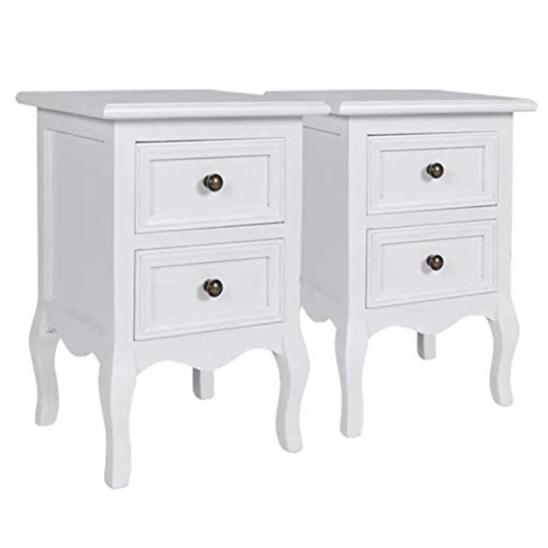 AYNEFY comodino in legno mdf, Comodino Com 2 Cassetti Legno pino spazzolato MDF Bianco Laccato Stile Classico Barocco Camera