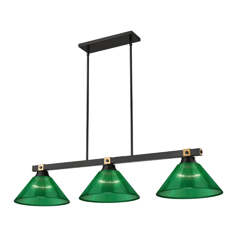 Bronte 3-Light Billiard Matte Black + Rubbed Brass Cone Green Acrylic