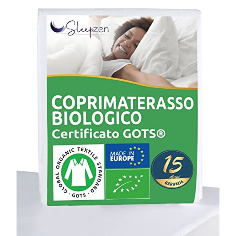 Coprimaterasso Matrimoniale 160x200cm in Cotone Biologico – Certificato GOTS – Oeko-TEX, 100% cotone naturale in pile sano e silenzioso – non impermeabile – Made in EU