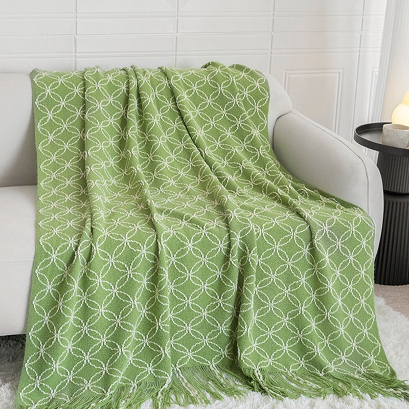 Light Green Cozy Geometric Knitted Throw Blanket with Tassels – Soft Acrylic Decorative Sofa & Bed Cover, 130x180cm