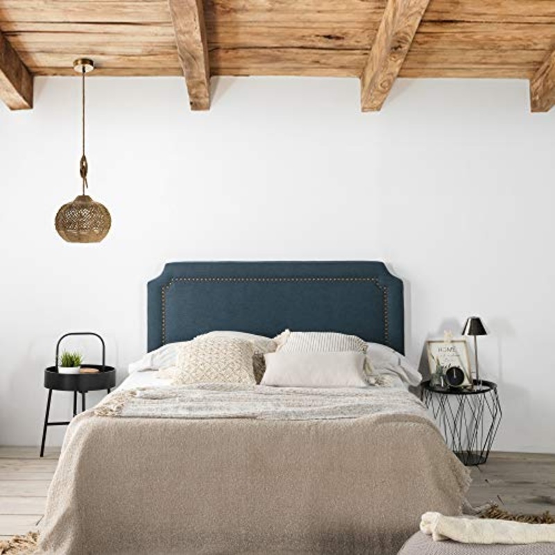 marcKonfort Testiera Letto con Rivestimento in Tela 160×60 cm Blu, Bottoni Color Marrone, Spessore complessivo 8 cm