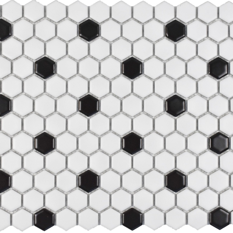 Roca Tile Usa Inc United States Ceramic Tile Cc Mosaics Ii 1 Inch Matte White Hexagon With Black Dot Porcelain Mosaics. Ufcc105-12Mt 1 Sheet = .84 Sq. Ft.
