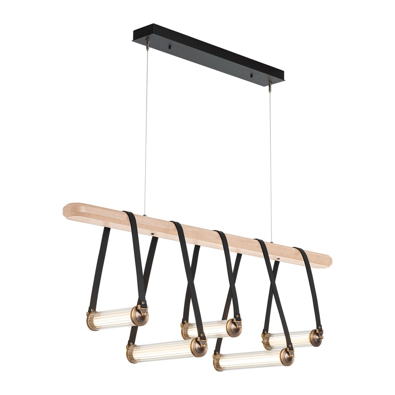 York Linear 5-Light LED Pendant Black Antique Brass with Black Leather Maple Wood