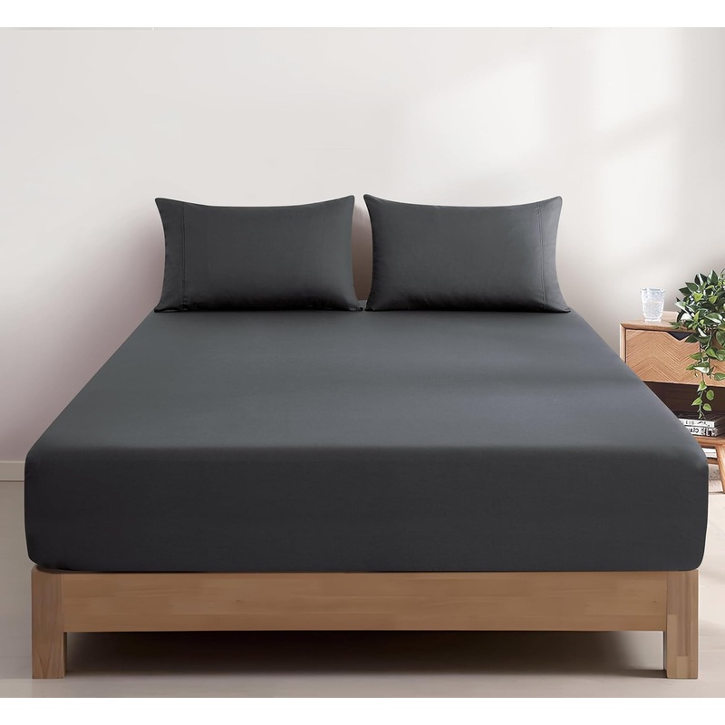 100% Vintage Washed Cotton Fitted Sheet Combo Set  100% Natural Cotton, Ultra Soft & Breathable  Includes Fitted Sheet & Pillowcases  Machine Washable (Charcoal, King Single)