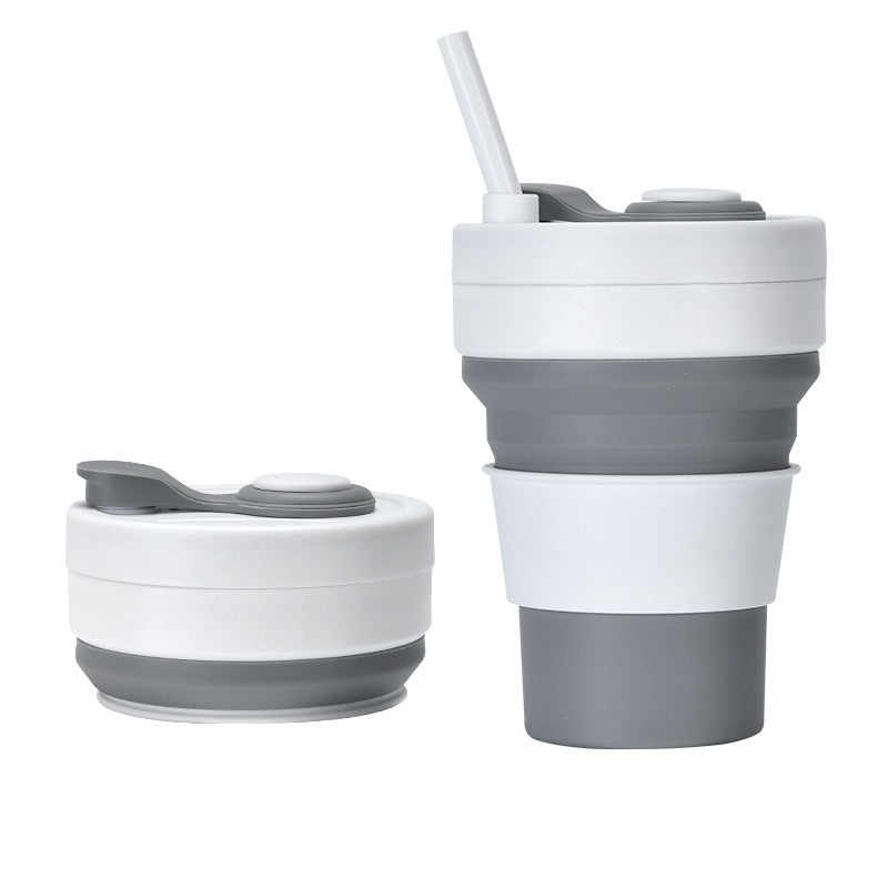 2 Pcs White and Grey 350ml Collapsible Silicone Travel Cup – Portable, Leak-Proof & Food-Grade Drinking Mug with Lid, Insulating Sleeve & Straw