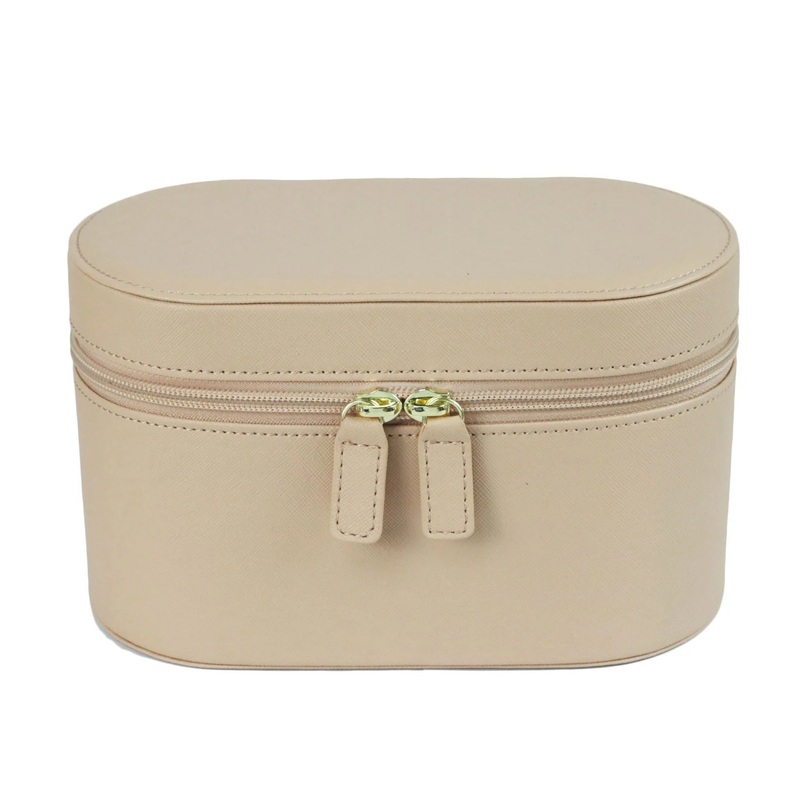 Beige Elegant PU Leather Makeup & Toiletry Bag – Large Capacity Travel Cosmetic Organizer with Brush Holder