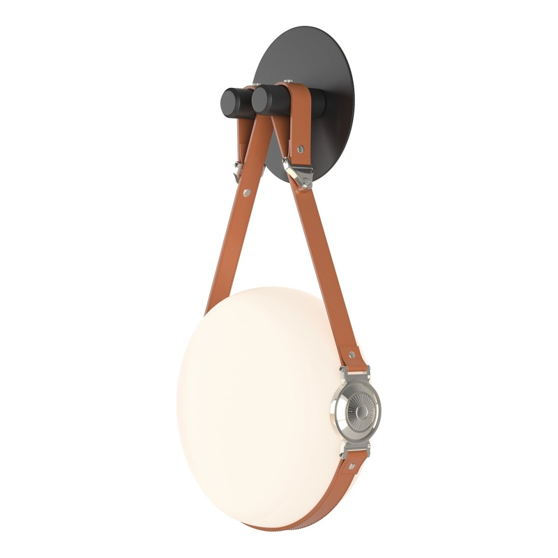Derby LED Sconce Black Polished Nickel with Chestnut Leather Non-Branded Plate