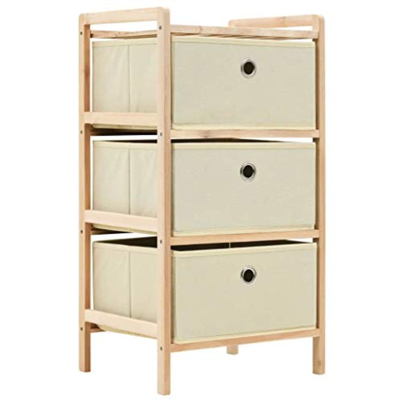 FAMIROSA Mobiletto Stoccaggio Legno di Cedro e 3 Cesti in Tessuto Beige