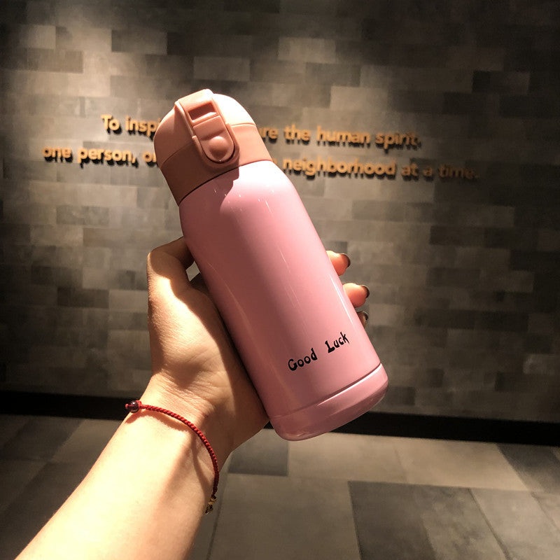 Good Luck” Mini Stainless Steel Thermos Flask – 350ml Leakproof Insulated Bottle with Pop-Up Lid & Strap(pink)”