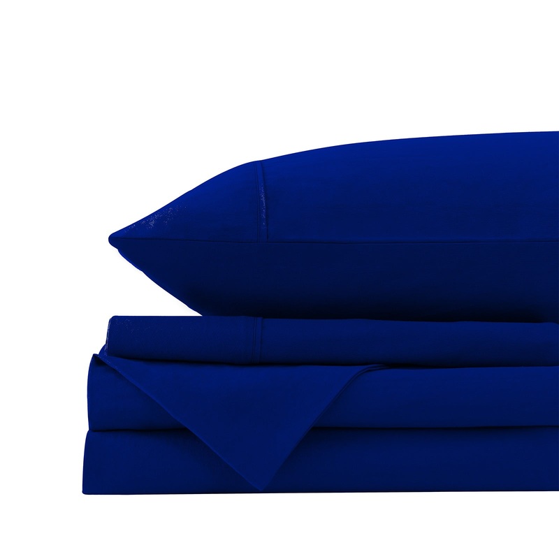 Royal Comfort Vintage Washed 100% Cotton Sheet Set Fitted Flat Sheet Pillowcases – Double – Royal Blue