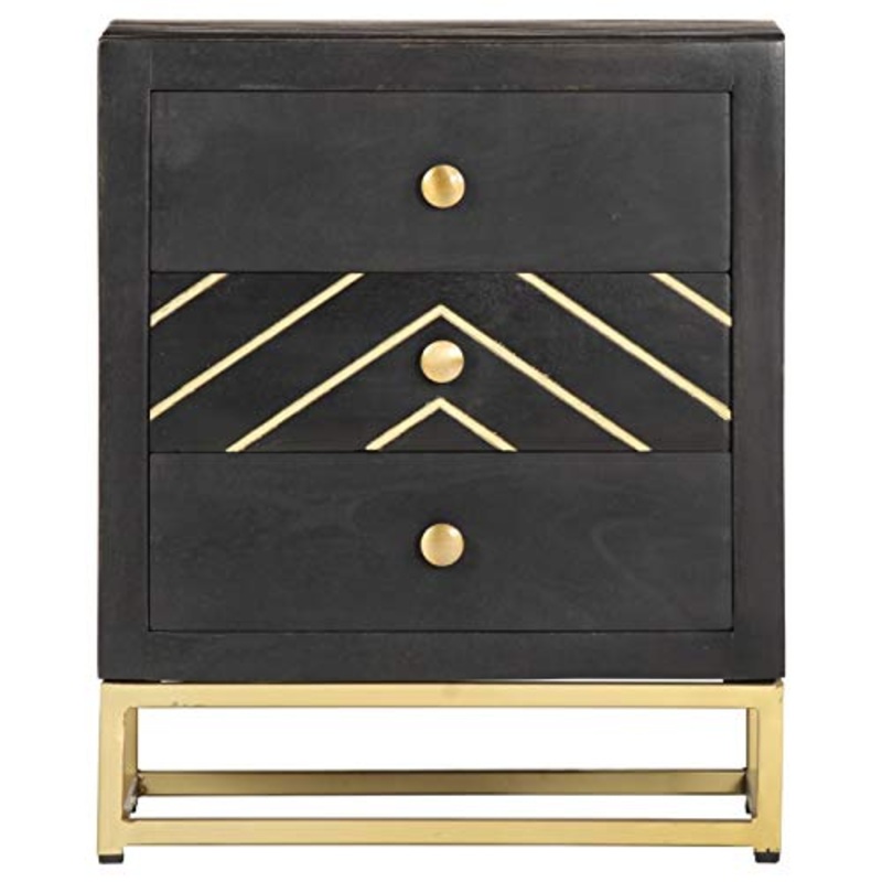 Tidyard Comodino Nero e Oro,Com e cassettiere,Comodini da Notte,Comodino Moderno Cassettiera,Tavolini da caff 40x30x50 cm in Legno Massello di Mango