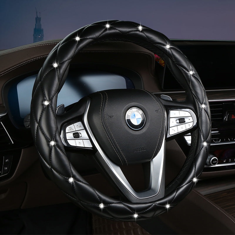 Black Luxury Bling Steering Wheel Cover – Black Quilted Leather with Crystal Rhinestones, Universal 38cm Fit
