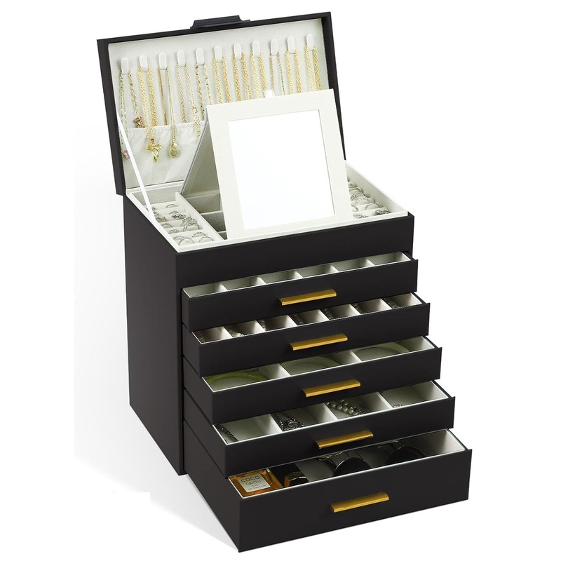 CARLA HOME  6-Layer Large Jewelry Organizer Box for Women with Mirror, Drawers, Hooks & Dividers for Rings, Necklaces, Bracelets, Ideal Gift for Women (Black)