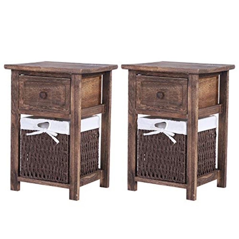 Dsrgwe Comodini Set di 2 Shabby Chic Wooden Wooden Night Stand Storage unit Armadi con Cassetti E Cestino Brown