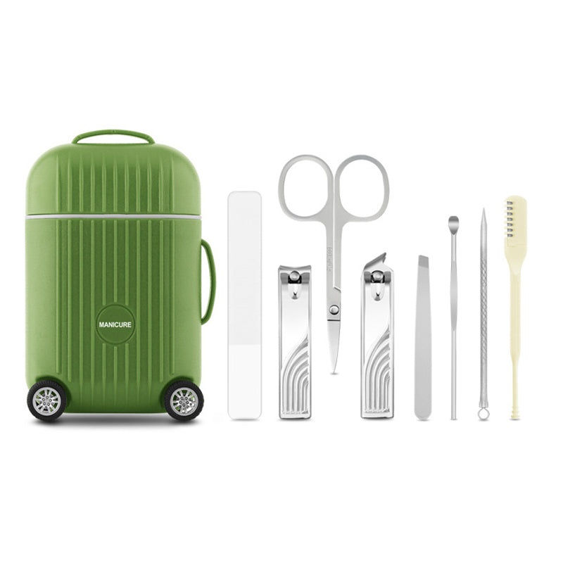 Green Mini Suitcase Manicure Set – 8-Piece Portable Grooming & Nail Care Travel Kit