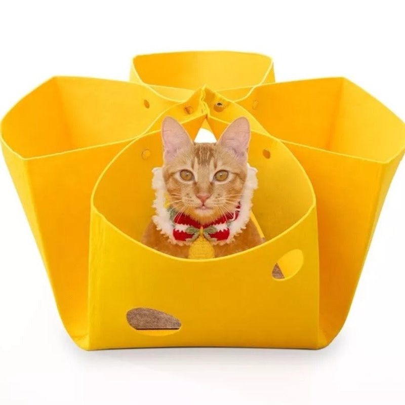Yellow Large Transformable Felt Cat Tunnel Bed – Cozy Foldable Pet Play House & Cave (104cm x 104cm)