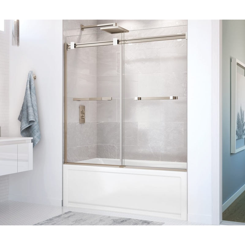 MAAX 136270-900-290-000 Duel 56-59 x 55  x 59 in. 8 mm Bypass Tub Door for Alcove Installation with Clear glass in Brushed Nickel & Matte White