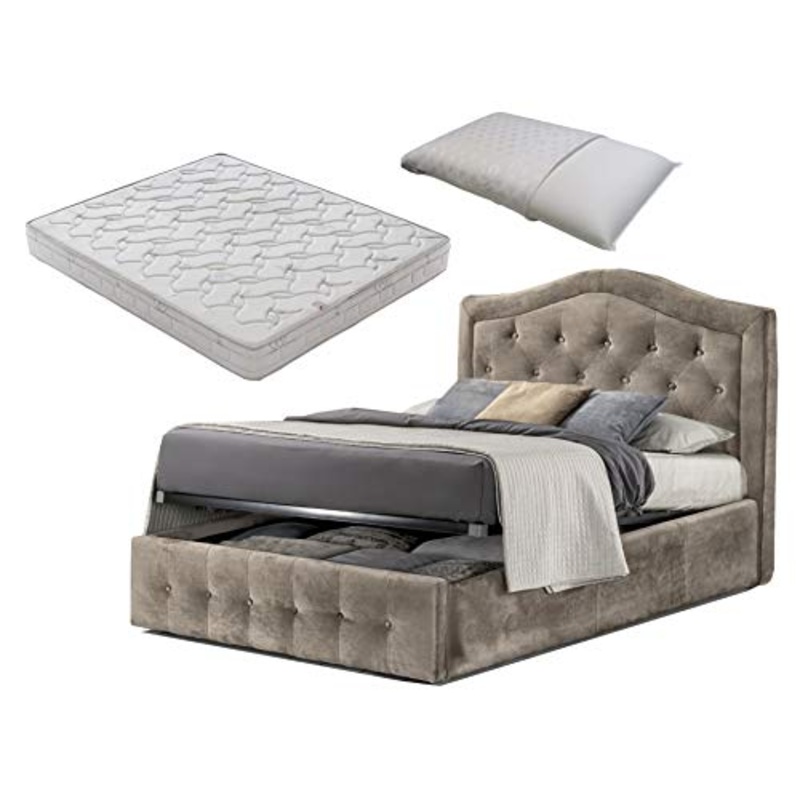 SARDAMATERASSI Letto piazza e mezza con box contenitore velluto beige designe + materasso piazza e mezza 120×190 memory foam+ guanciale memory saponetta sfoderabile