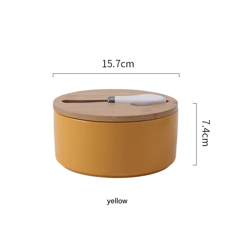 Yellow Nordic Ceramic Butter Dish with Knife – Airtight Cheese Container with Bamboo Lid, Kitchen Storage