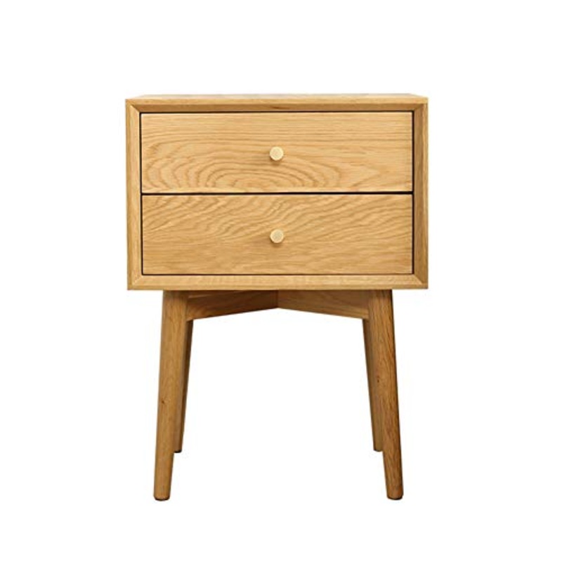 Comodino in Legno Massello, Comodino 2 Cassetti, Tavolo Laterale Divano, Mobili da Camera da Letto in Rovere Bianco Storage E Custodia da Comodino