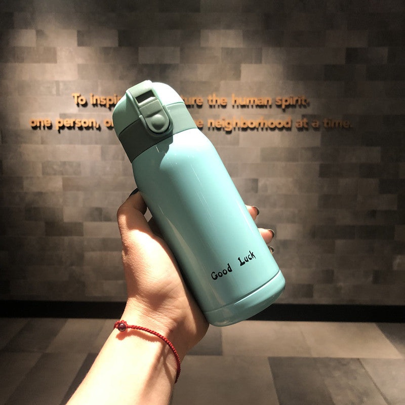 Good Luck” Mini Stainless Steel Thermos Flask – 350ml Leakproof Insulated Bottle with Pop-Up Lid & Strap(blue)”