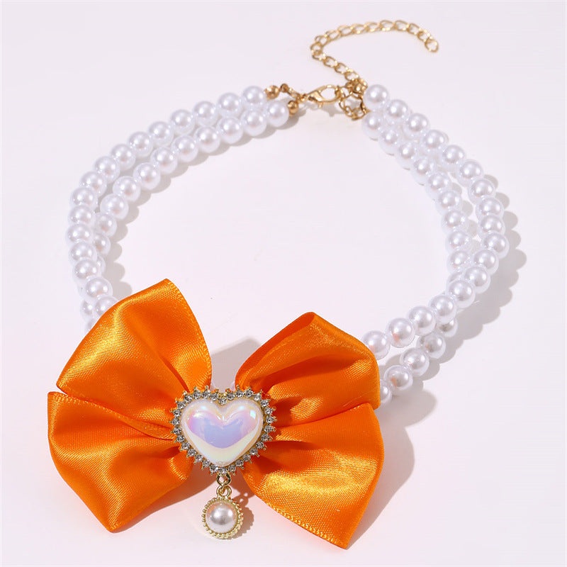 2 – PCS Cute Pet Pearl Necklace Collar with Orange Bow and Heart Charm – Size M