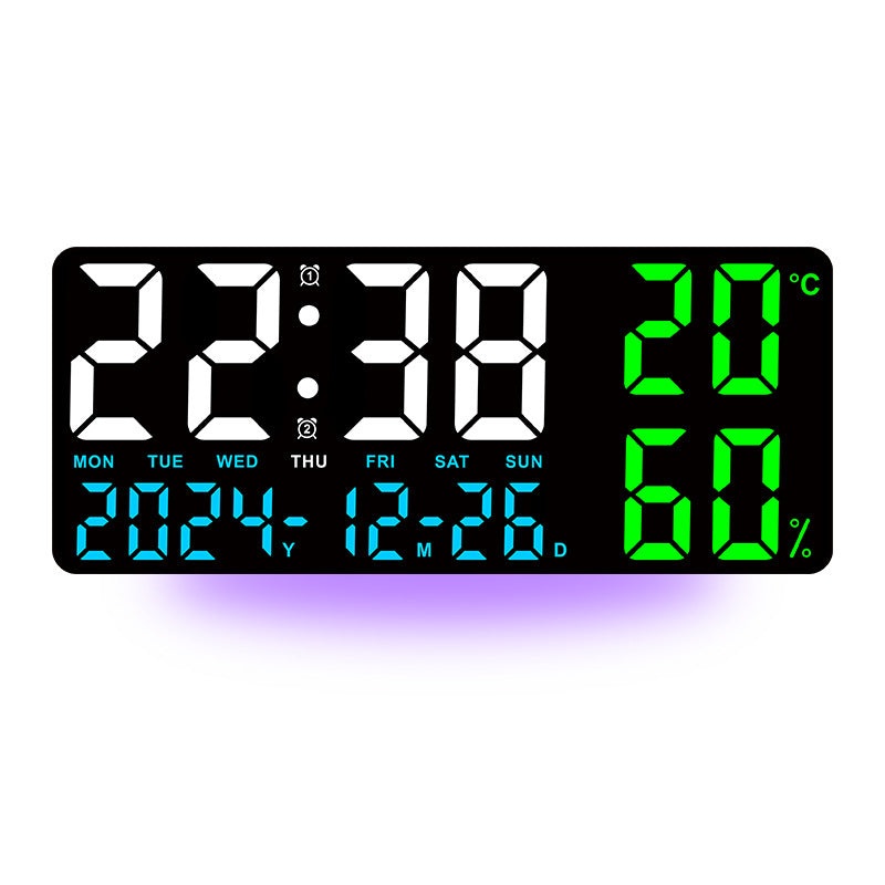 Black Background With Blue,Green and White Light Sleek Large LED Digital Wall & Desk Clock – Remote Control, Temperature, Humidity, Dual Alarms, Calendar