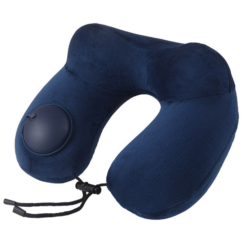 Navy Blue Press-to-Inflate Travel Neck Pillow – Ergonomic U-Shaped Cushion for Airplane and Car