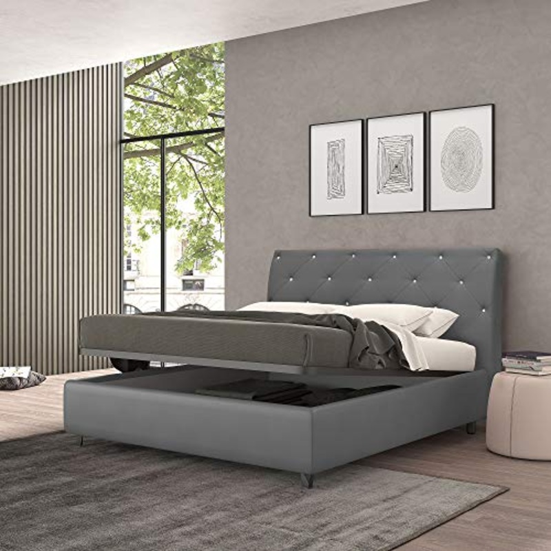 Talamo Italia Letto contenitore piazza e mezza Strauss, Made in Italy, Struttura in ecopelle imbottita, Adatto a materasso 120×190 cm, Grigio