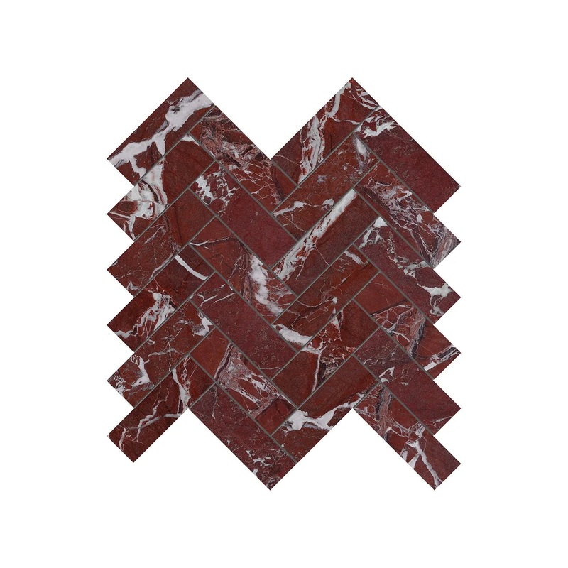 1.25″ x 4″ Tuscano Rosso Herringbone Polished Marble Mosaic 1 Sheet = .89 Sqft 1.25″ x 4″