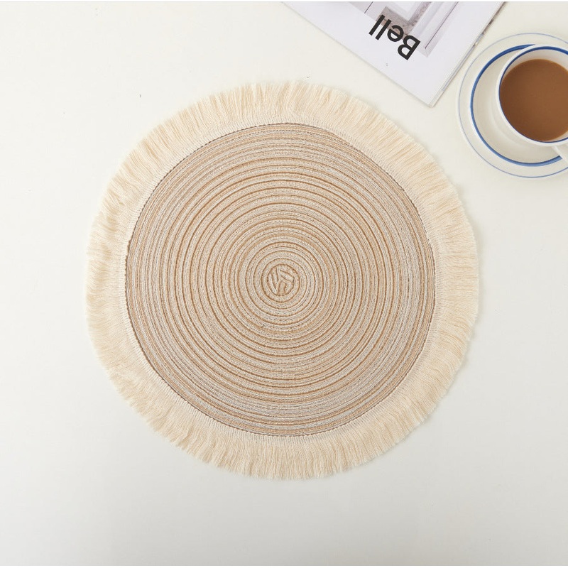 Beige Chic Round Woven Placemats with Tassel Fringe – Set of 4, Cotton Ramie Blend, Heat Resistant Table Mats