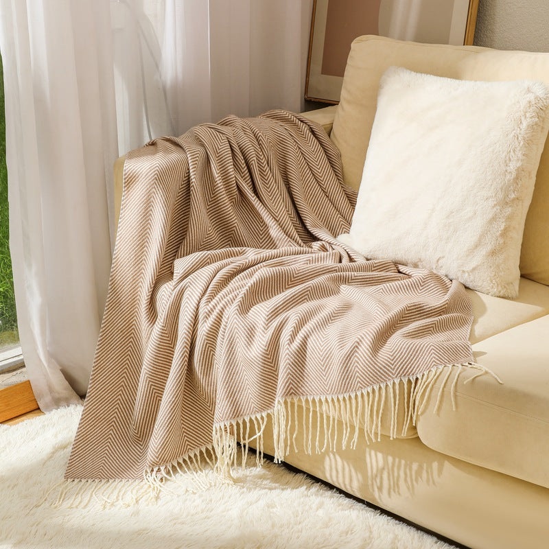 Khaki Elegant Herringbone Tassel Throw Blanket – Large Acrylic Faux Cashmere Soft Cozy Blanket for Sofa, Bed & Decor (130x240cm)