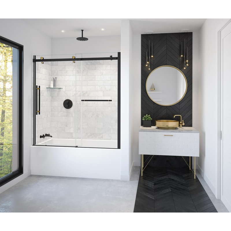 MAAX 138485-900-380-000 Vela 56 -59 x 59 in. 8 mm Sliding Tub Door with Towel Bar for Alcove Installation with Clear glass in Matte Black and Brushed Gold