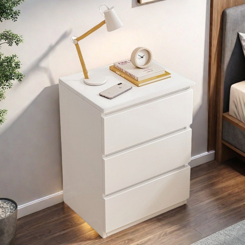 Modern Nightstand Warm White Triple Drawer Finger Pull Geometric Clean Lines