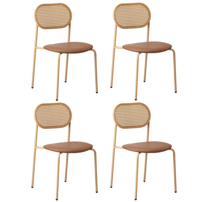 4PCS Dining Chair Rattan Furniture PU Leather Brown