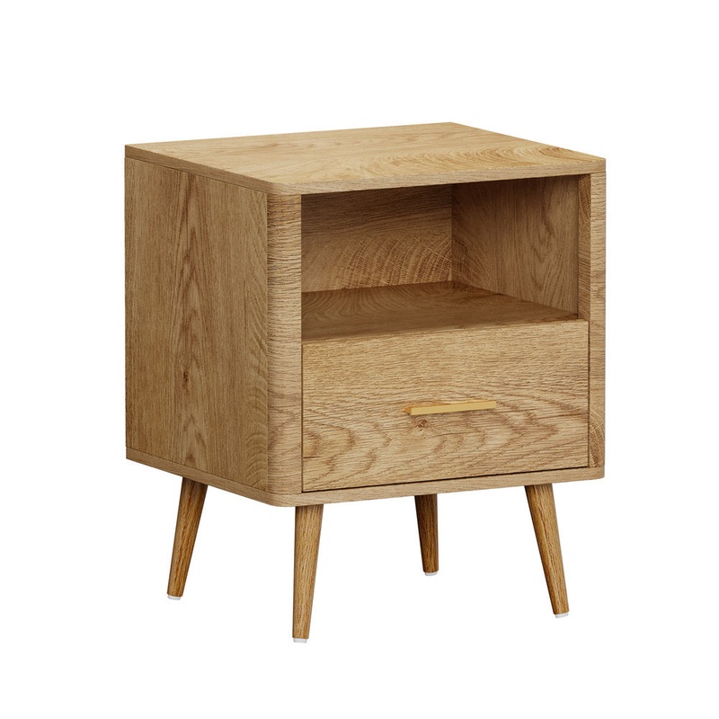 Oikiture Bedside Table 1 Drawer Open Shelf Nightstand Natural