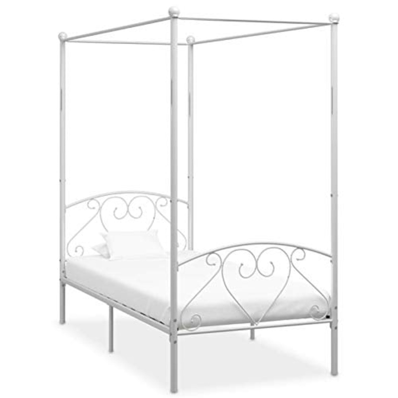 Tidyard Struttura Letto Singolo a Baldacchino in Metallo Bianco Nero con Doghe,Telaio Letto Giroletto Singolo con Tetto in Metallo con Doghe 120×200 cm